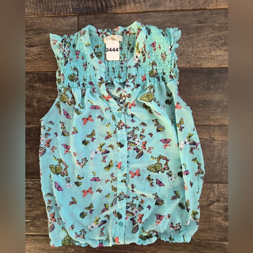 #444 Love, Fire Aqua Butterfly Print Blouse